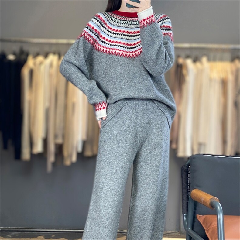 2025年秋季新款百搭女士虚线费尔岛7针套装,女装羊毛衫,宛庄羊绒
