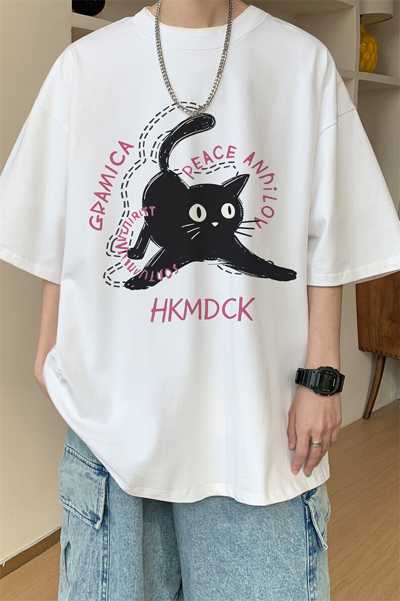图案已注册夏季新款高街小猫短袖T恤男潮宽松半袖体恤衫D174/P25,男装T恤,电商B209