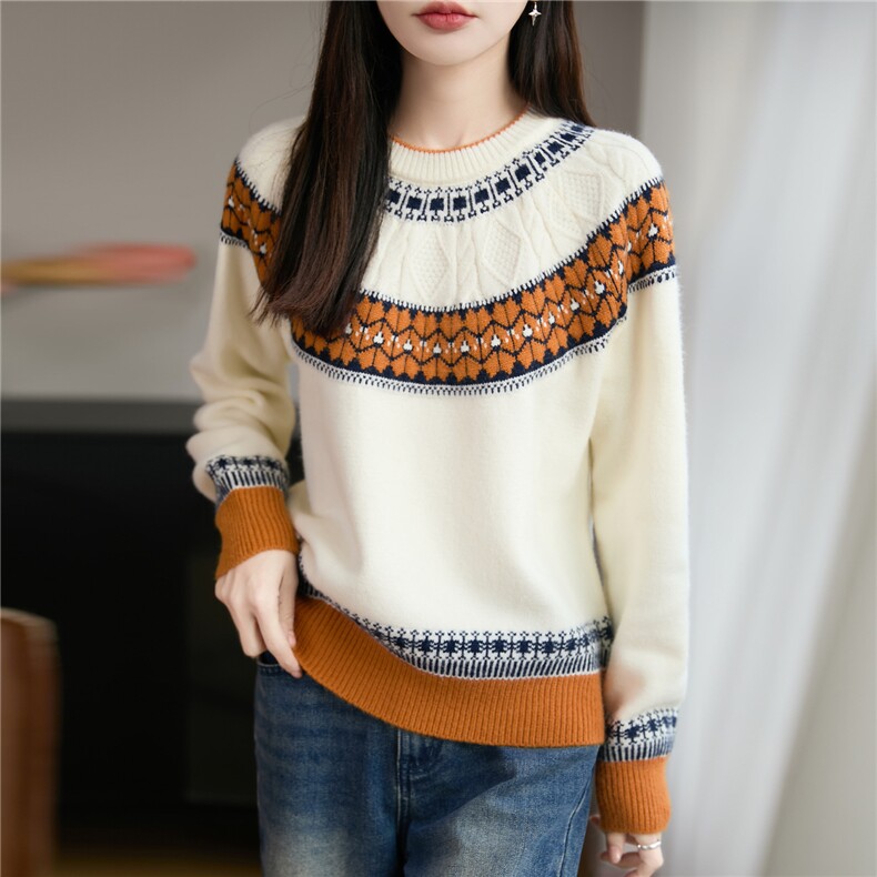 2026年秋季时尚百搭通勤简约休闲提花圆领，女装针织衫/毛衣，思牵羊绒