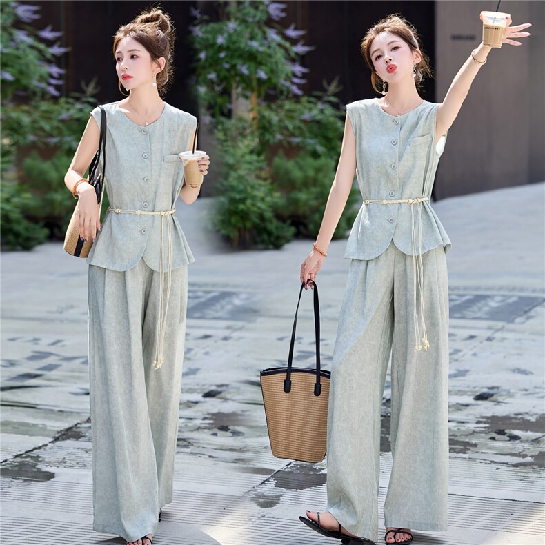 港风高级感简约时髦套装裤2025夏新款流行气质显瘦阔腿裤两件套潮，女装套装/套裙，瑶迪依秀