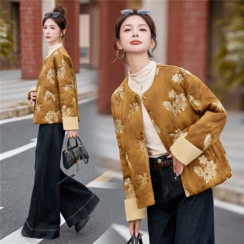 2025冬装新款刺绣优雅轻薄棉衣,女装棉衣/棉服,伊仟回