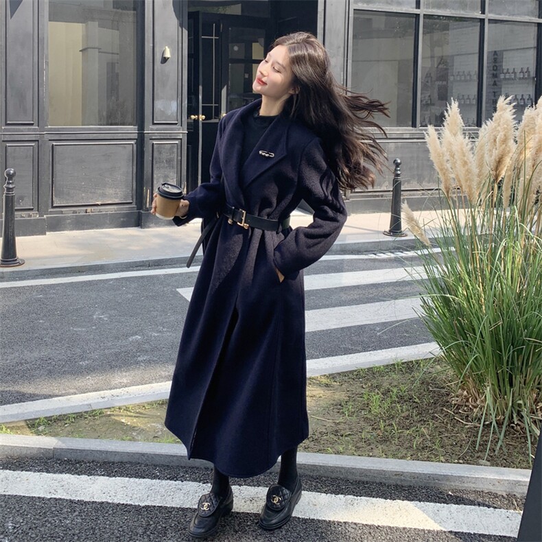 高级感藏青色毛呢外套女2025秋冬季新款韩版加厚显瘦气质呢子大衣,女装毛呢外套,2C116
