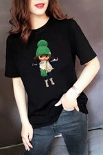 夏季新款时尚卡通女孩印花百搭纯色短袖T恤，女装T恤，L·H·X