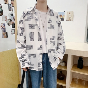 衬衫男夏季薄款韩版潮流ins涂鸦长袖衬衣港风外套  W1114-P35图片