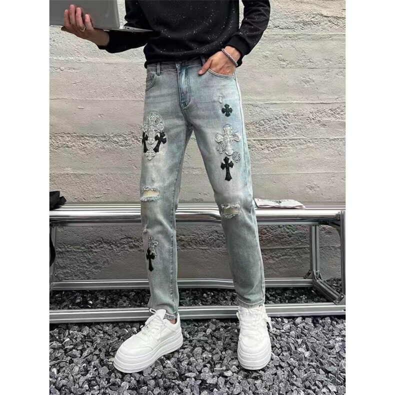 水洗做旧破洞牛仔裤男时尚直筒宽松欧美高街vibe风长裤子NZT333,男装牛仔裤,星座516A