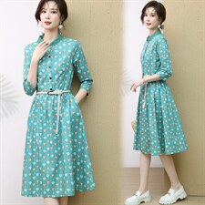 春秋新款纯棉印花衬衫式连衣裙拼花边立领七分袖文艺大摆裙，女装连衣裙，木橙西子