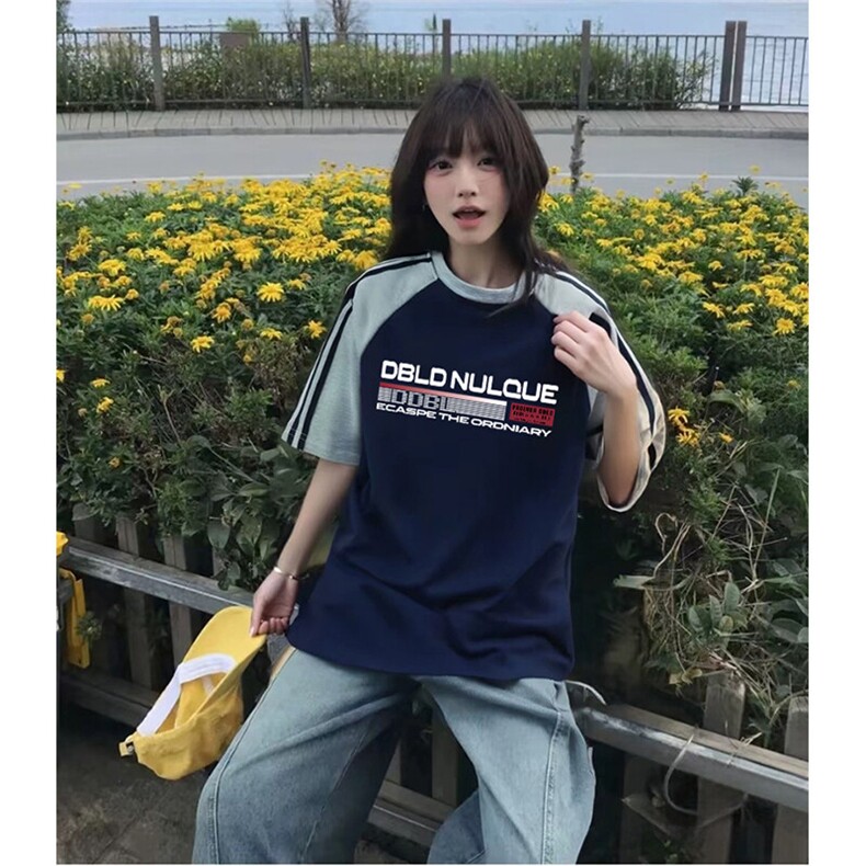 抖音得物品质二开240克宽松纯棉美式潮牌插肩三杠织带短袖T恤,男装T恤,电商A486