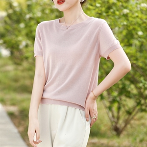简约风纯色短袖女t恤2025新款宽松显瘦百搭加大针织半袖大码女装图片