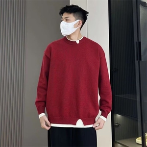 男士长袖红色毛衣圆领假两件新款潮流设计感针织衫MY217-P50图片