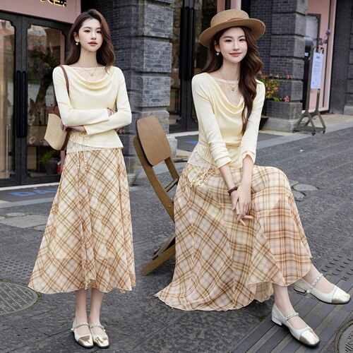 现货2026年春季女新款通用时尚气质优雅针织上衣格子连衣裙两件套,女装套装/套裙,奋斗女王, 现货2026年春季女新款通用时尚气质优雅针织上衣格子连衣裙两件套,女装套装/套裙,奋斗女王,