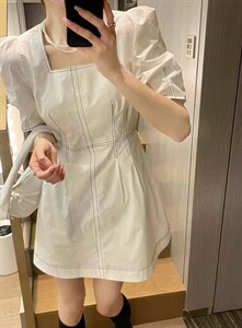 明线收腰连衣裙,女装连衣裙,BLACK