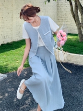 温柔系穿搭蓝色马甲套装女夏新款高级感显瘦休闲t恤半身裙三件套，女装套装/套裙，慧尚2-185