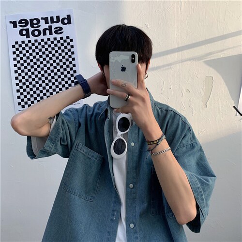 夏季牛仔衬衫男短袖休闲港风百搭韩版潮流宽松潮复古外套C055-P40，男装衬衫，星座1008