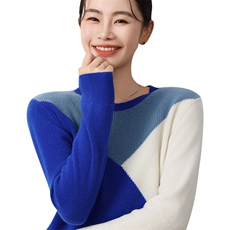 秋冬季新款女时尚百搭显瘦圆领套头三拼色羊毛衫，女装羊毛衫，琳尚羊绒