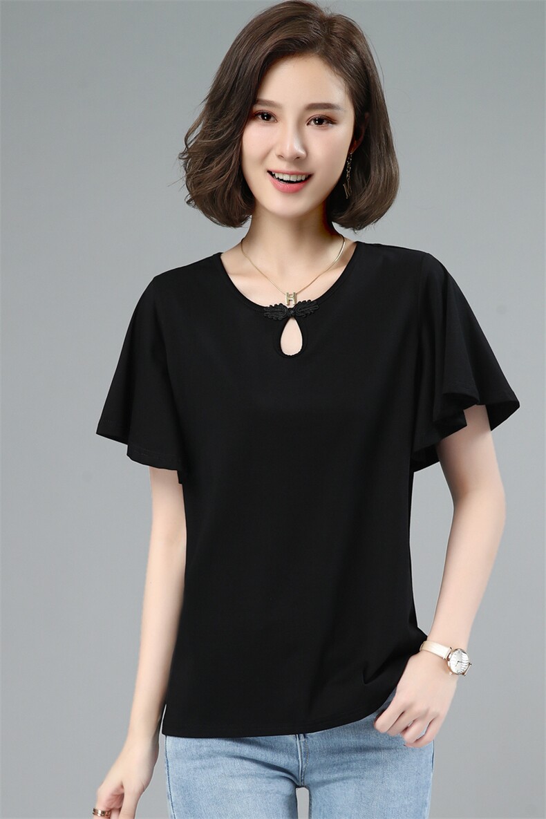 板酷2026夏装新款时尚宽松荷叶袖短袖圆领T恤女夏季B611,女装T恤,板酷