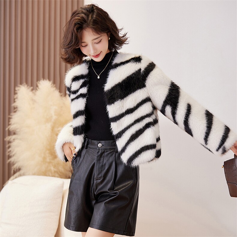 复古摩登斑马纹街头毛毛外套女2024冬季新款软糯潮流百搭皮草上衣，女装皮草，美拉德工厂直营店