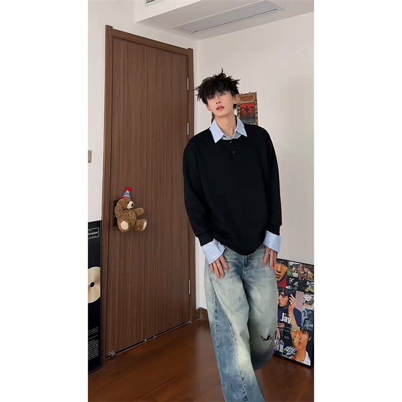 抖音得物高品质26春装美式高街假两件衬衫领长袖卫衣POLO领打底衫,男装T恤,电商A486-1
