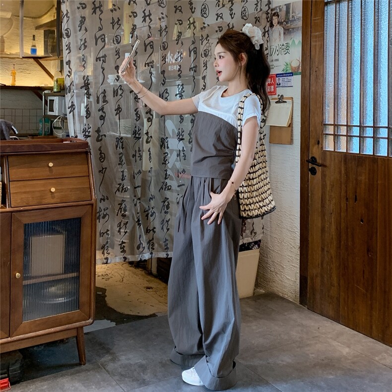 休闲运动假两件T恤阔腿裤套装女夏2025新款高级感又酷又飒两件套,女装套装/套裙,2C305