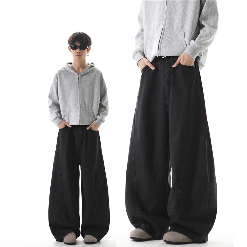 美式复古cleanfit水洗做旧黑色弯刀牛仔裤男女宽松休闲百搭阔腿裤图片