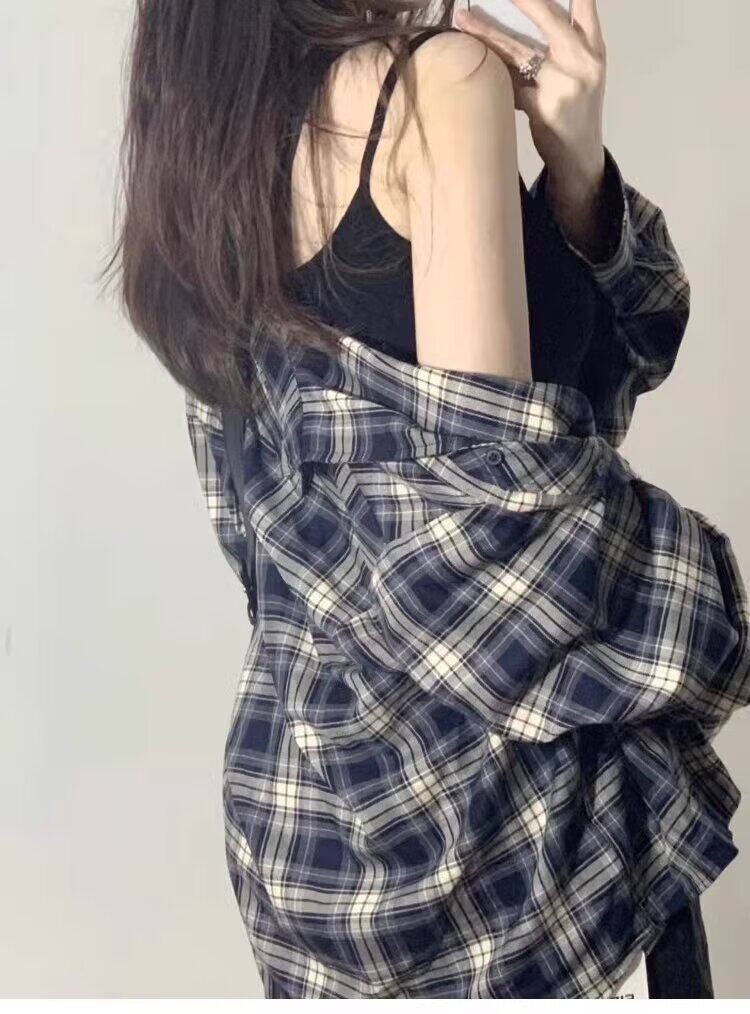现货秋季复古格子衬衫女外套开衫设计感宽松小个子上衣LC011-P35,男装衬衫,星座1008