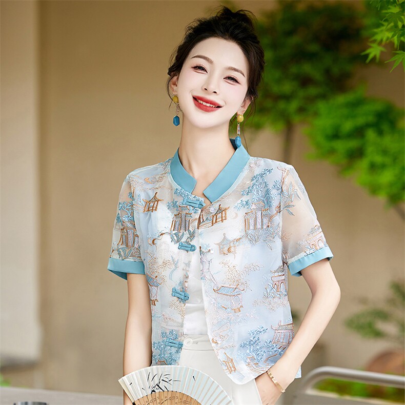 现货新中式盘扣刺绣防晒衣女夏2025新款气质立领唐装短袖薄款上衣,女装防晒衣,美静678