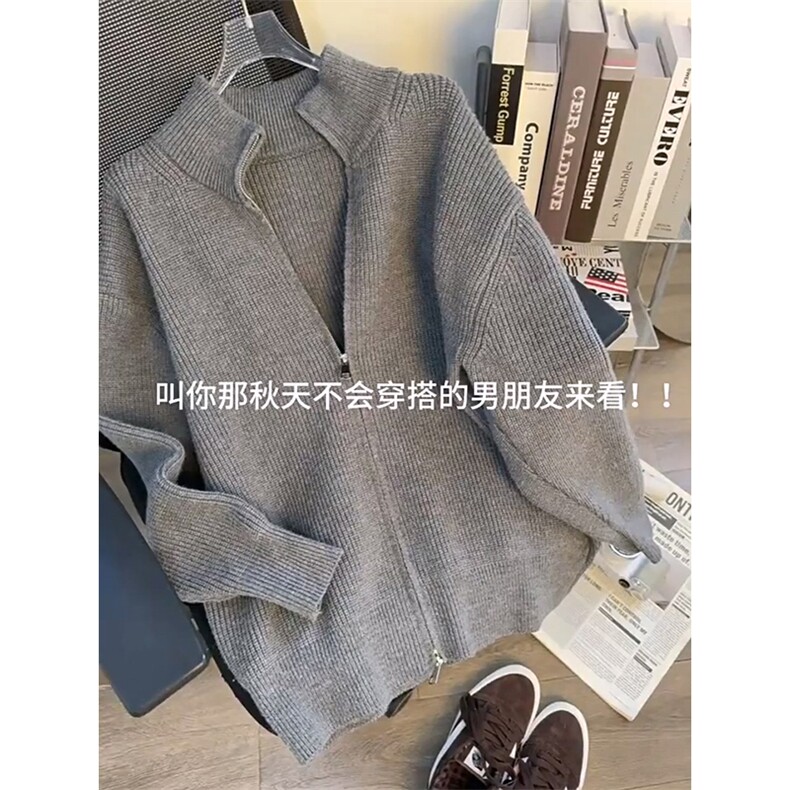 重磅秋冬北极绒双拉链毛衣开衫美式复古休闲慵懒风宽松针织衫外套,男装针织衫/毛衣,电商A486-1