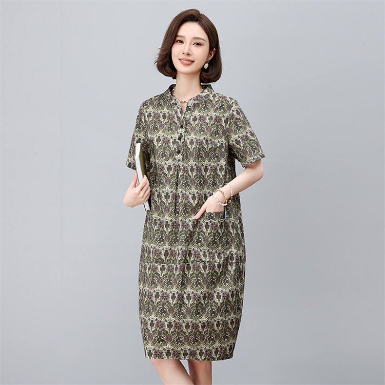 纯棉印花连衣裙女夏2025新款中年妈妈宽松大码遮肚子显瘦减龄裙子,女装连衣裙,依恋蒂丝