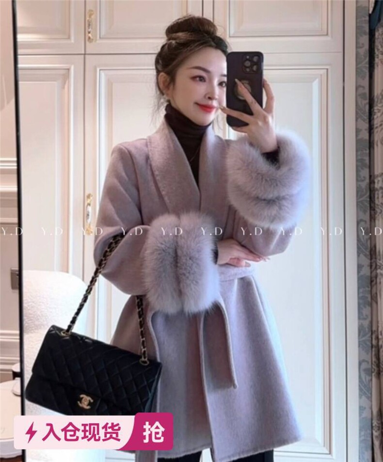 冬上新！【依嘟】双层狐狸袖毛秋冬高级感气质富家千金风羊毛外套，女装双面呢大衣，依嘟服饰