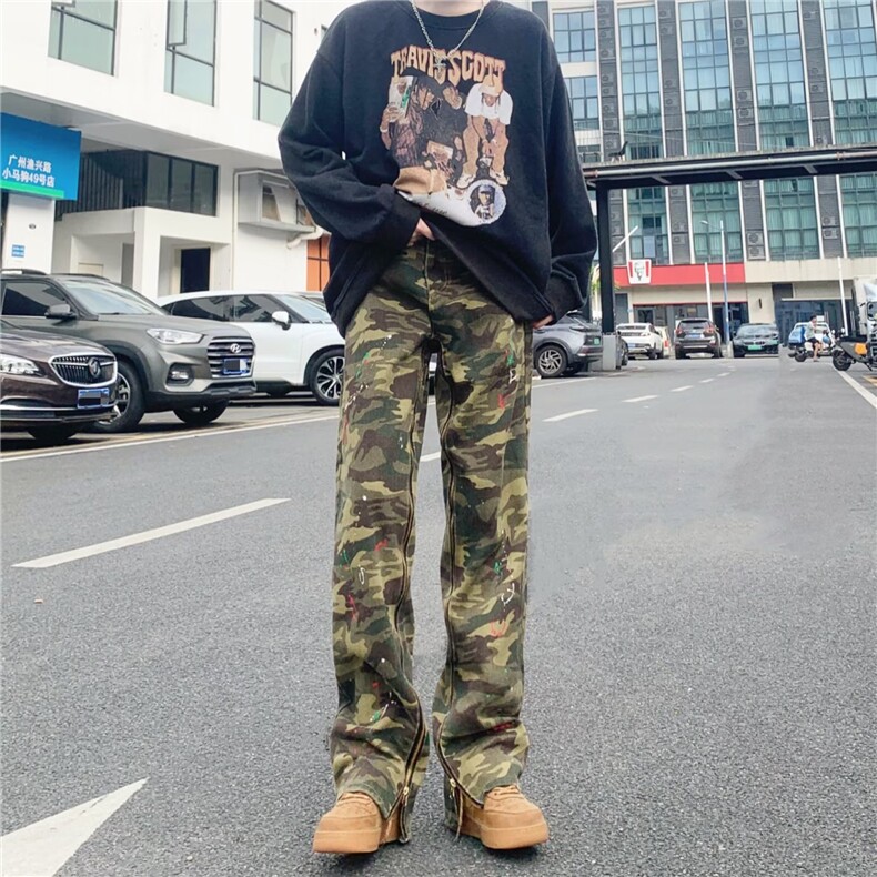 美式高街迷彩休闲裤男韩版潮流拉链开衩2024秋冬ins长裤K4524-P68图片