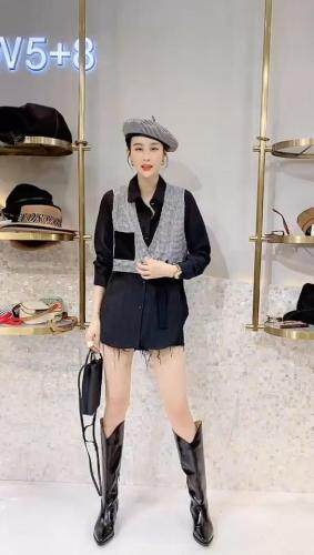 千鸟拼接假二件套装，女装职业装，雪儿伊秀