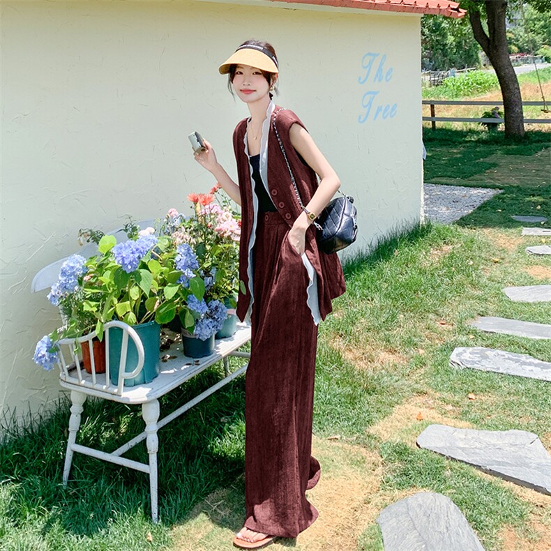 灰色西装马甲套装女夏2024新款小众松弛感蕾丝拼接阔腿长裤两件套,女装套装/套裙,2C255