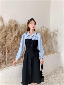 秋冬新款时尚韩版宽松拼色连衣裙,女装连衣裙,荷塘月色