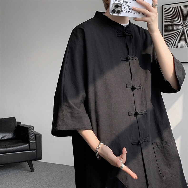8XL-M 新中式衬衫男中山装麻棉风复古中袖衬衣唐装CS527P60图片
