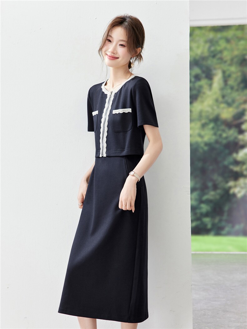 2026年夏季花边拼接上衣收腰显瘦假两件套连衣裙,女装套装/套裙,简韵佳