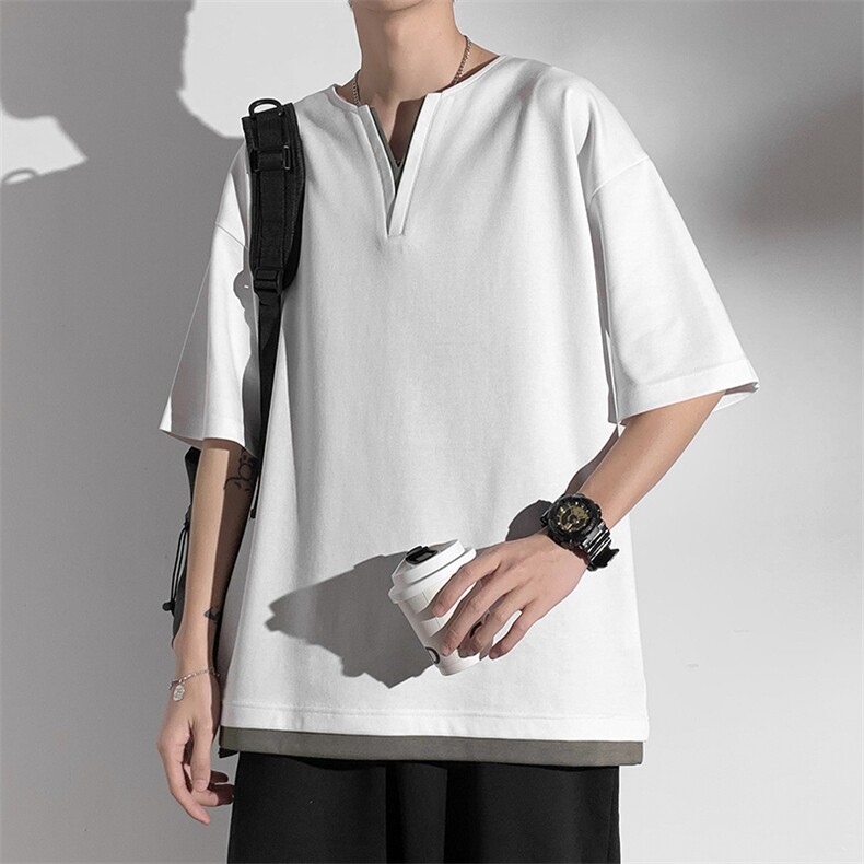 男士短袖港风白墙体恤夏季休闲百搭纯色V领T恤男上衣TC3134-P30,男装T恤,星座717