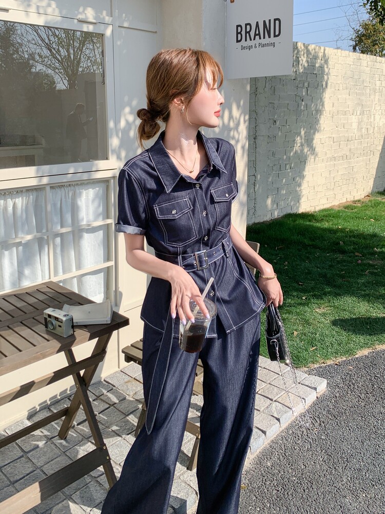 休闲工装收腰牛仔阔腿裤套装女夏2026新款高级感两件套松弛感,女装套装/套裙,印象茜
