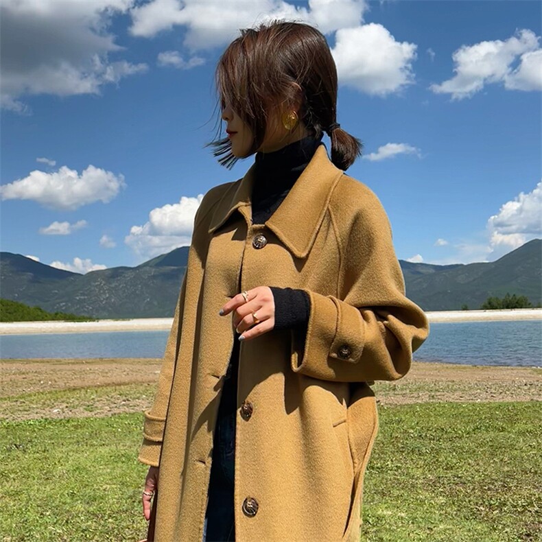 2025年夏季常规中长款长袖一粒扣纯色双面呢大衣，女装双面呢大衣，蒙绒特