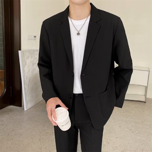 ins炸街休闲西装套装男秋冬季 痞帅轻熟风宽松外套黑色西服 W02图片