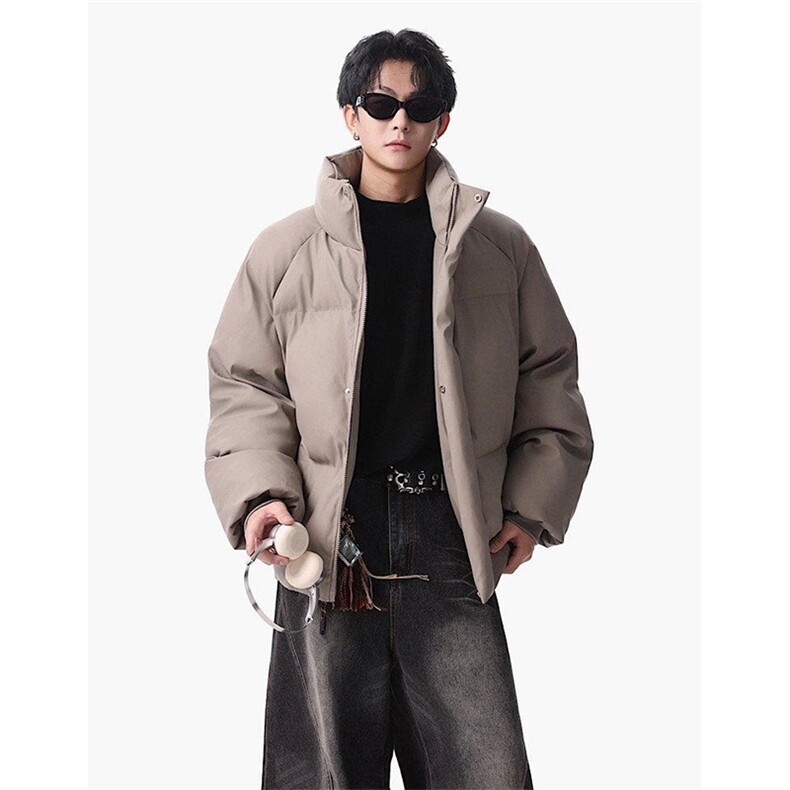 现货冬季三防重磅硬挺boxy短款羽绒刺绣立领PU皮棉衣外套加厚棉服，男装棉衣，电商A486-1