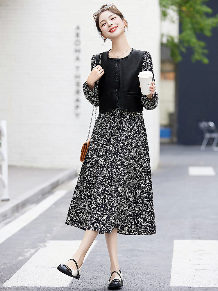 时尚优雅大气淑女风小碎花皮马甲两件套,女装套装/套裙,布芭啦