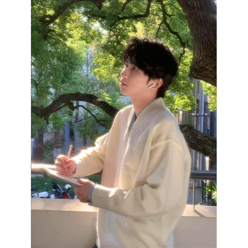 假两件V领纯色套头针织衫长袖男宽松慵懒风百搭毛衣潮MY42,男装针织衫/毛衣,星座1116A（原606A-3）