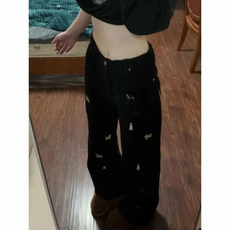 AK2326-P55复古小狗刺绣阔腿牛仔裤高腰宽松百搭显瘦直筒裤子，女装休闲裤，星座617A-2