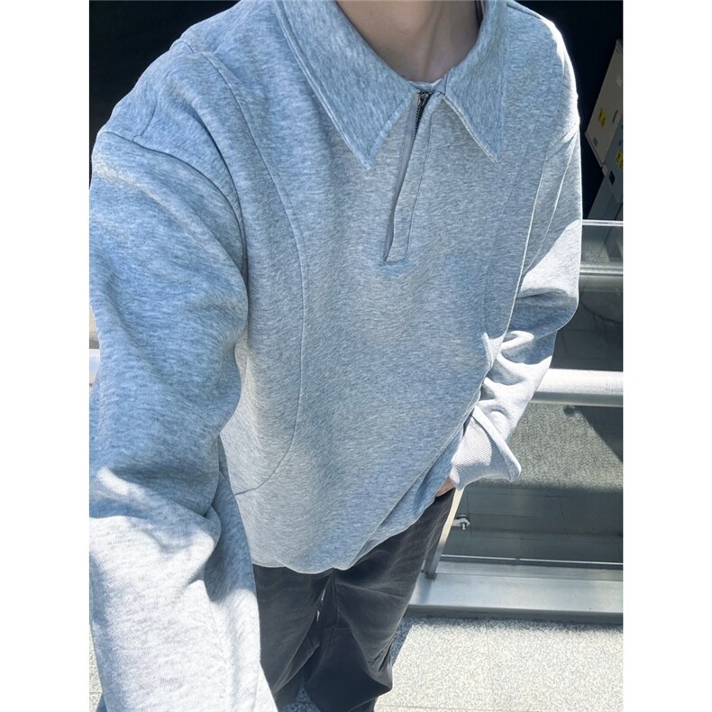 老钱风灰色正肩polo领长袖卫衣男女秋季宽松翻领上衣半拉链套头衫,男装Polo衫,星座203-1