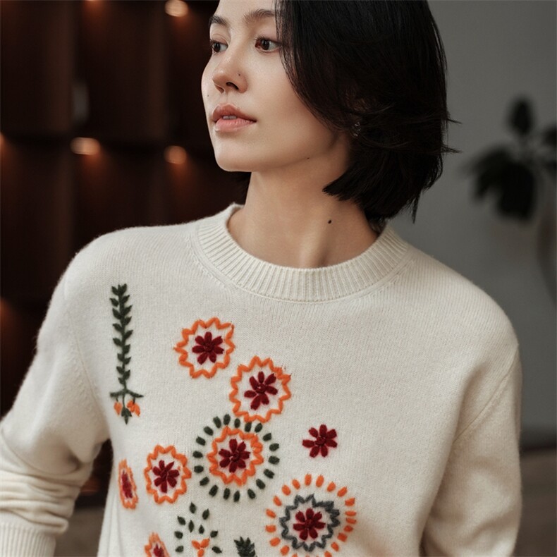 油画风绣花~100纯山羊绒衫宽松加厚女毛衣2025秋冬新圆领针织上衣,女装羊绒衫,绒知纯羊绒