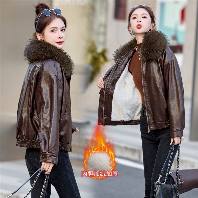 2025年冬季新款现货时尚潮流加绒保暖皮衣外套（毛领可脱卸），女装皮衣，臻衣坊