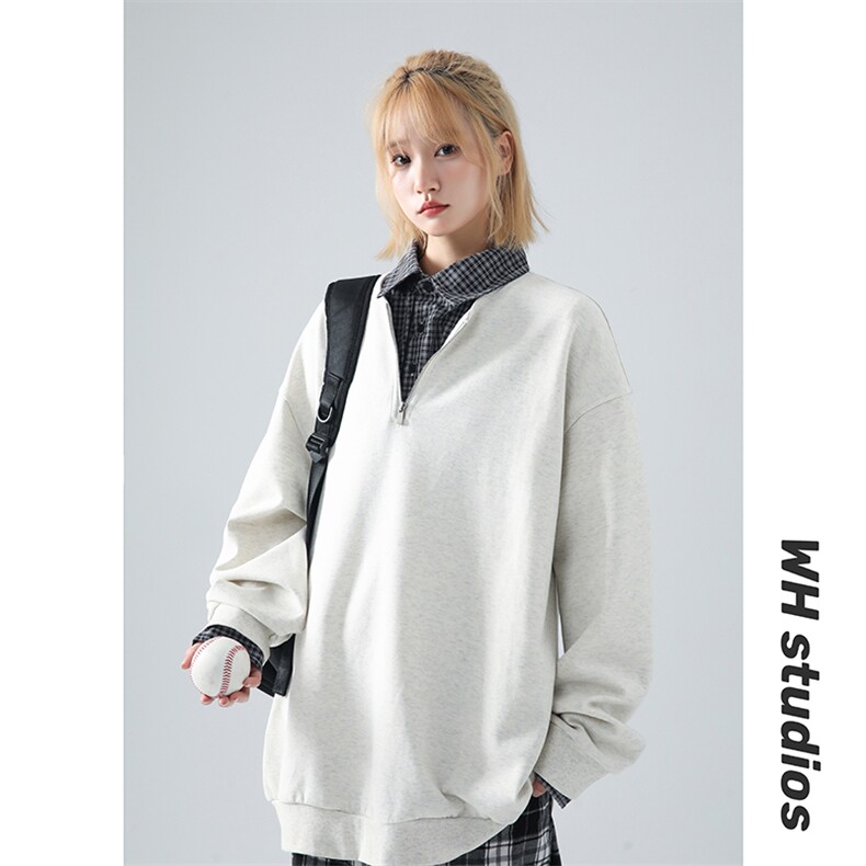 高克重格子条纹拉连V领时尚假两件拼接情侣卫衣XZ301A WY2508图片