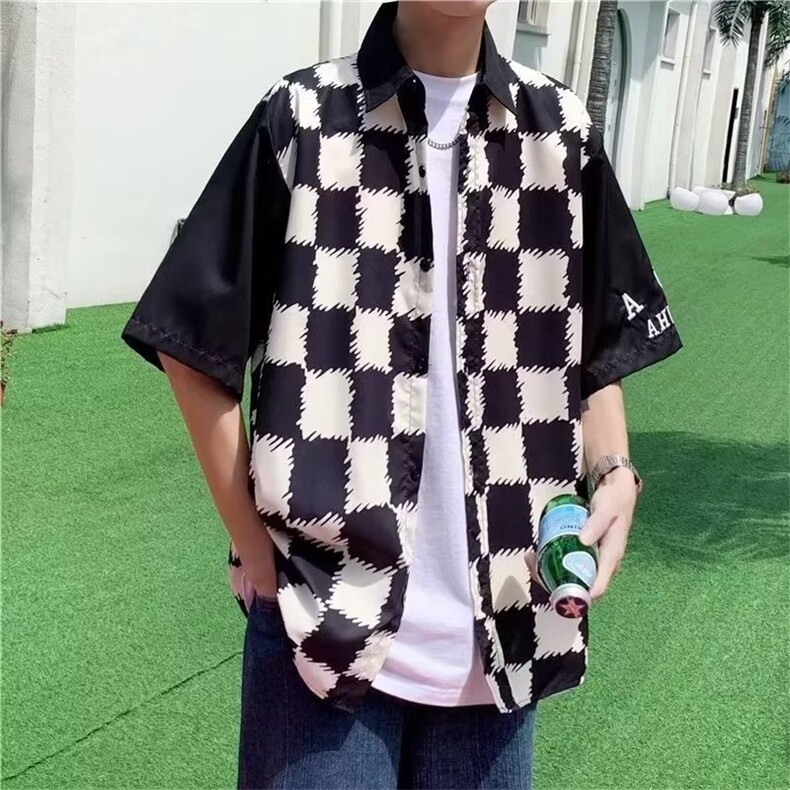 夏季港风复古棋盘格衬衫男短袖撞色印花宽松百搭半袖衬衣外套C627图片