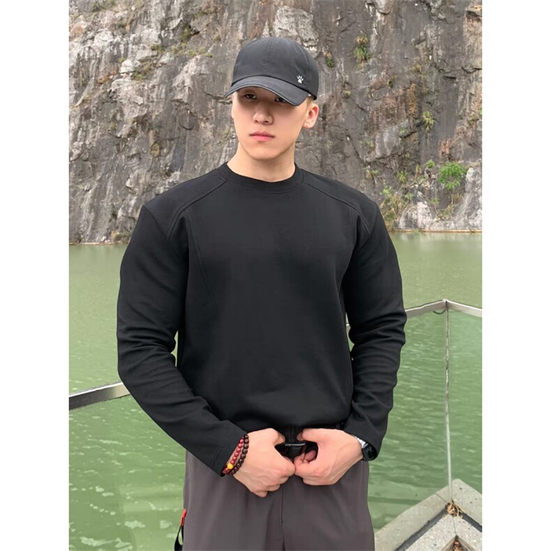 抖音得物品质美式高街重磅曼巴棉结构硬阔boxy版潮牌卫衣长袖T恤,男装T恤,电商A486