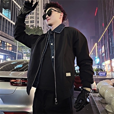 BK20/P118控158春季美式复古假两件拼接牛仔领夹克外套男黑首1，男装夹克，星座305B