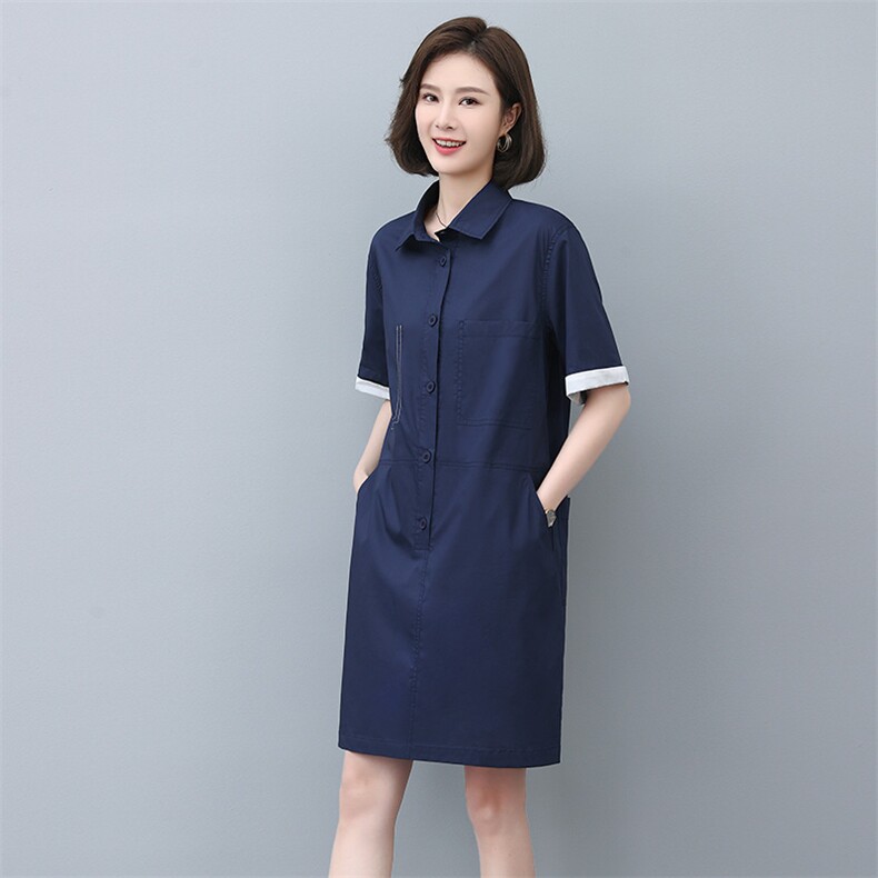 纯棉衬衫裙女夏2023新款中长款宽松休闲妈妈气质短袖直筒连衣裙,女装连衣裙,玛其路